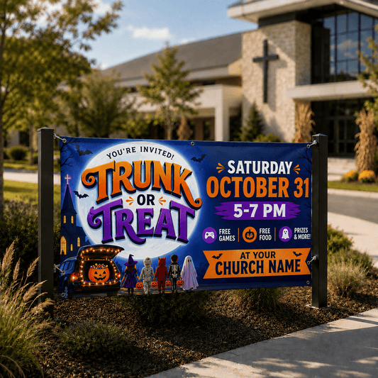 Trunk or Treat Banner – Durable Outdoor Vinyl Sign for Church & Community Events - Church Signs Fast