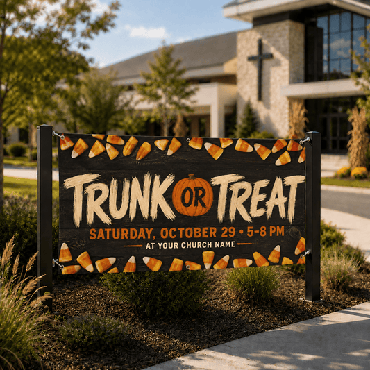 Fall Festival Banner: Custom Trunk or Treat Design for Churches - Pumpkins & Candy - Church Signs Fast