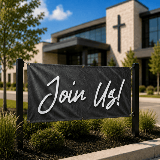Join Us! Church Banner | Outdoor Vinyl Banner for Sunday Service & Visitor Outreach - Church Signs Fast