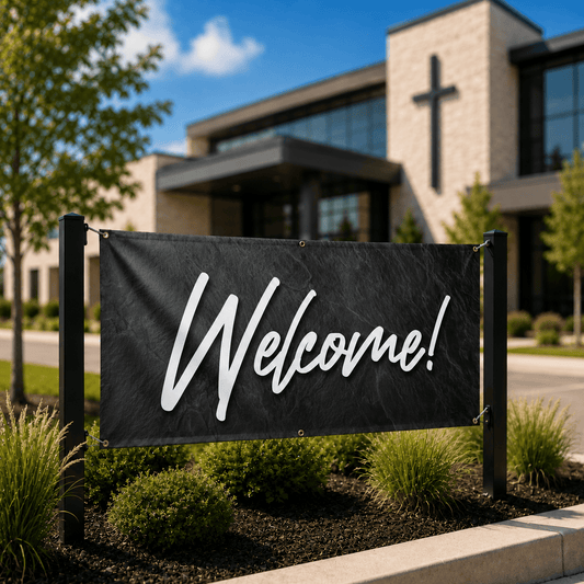 Welcome! Church Banner | Outdoor Vinyl Welcome Banner for Church Entrance & Visitor Outreach - Church Signs Fast