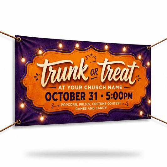 Trunk or Treat Church Banner | Purple & Orange Halloween Event Sign - Church Signs Fast
