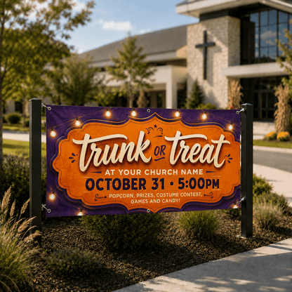 Trunk or Treat Church Banner | Purple & Orange Halloween Event Sign - Church Signs Fast