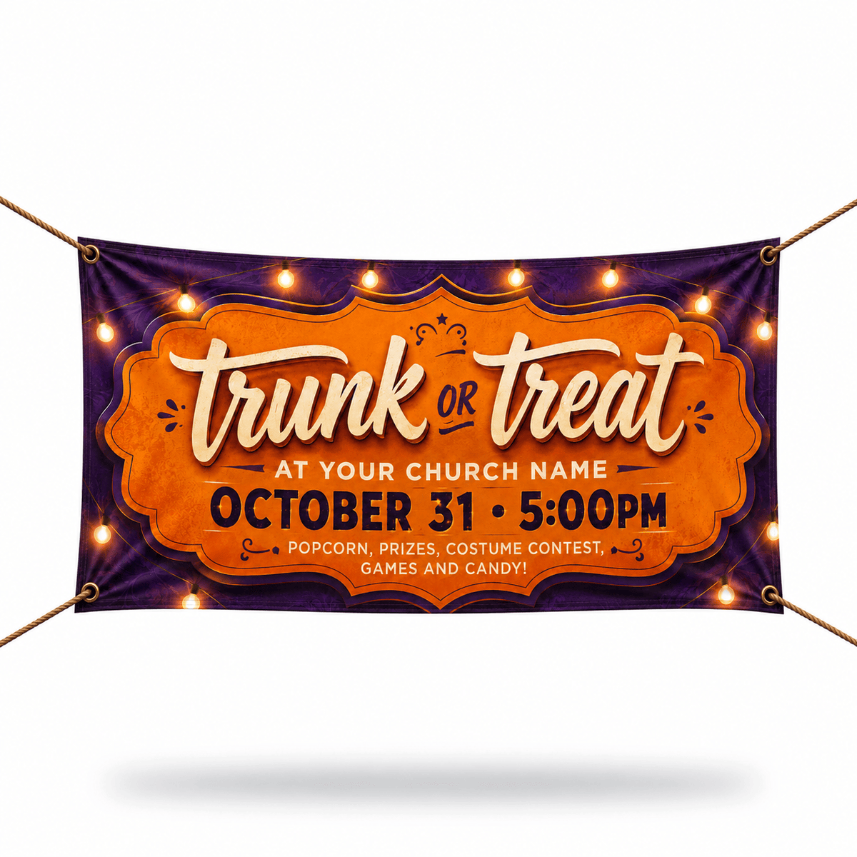 Trunk or Treat Church Banner | Purple & Orange Halloween Event Sign - Church Signs Fast