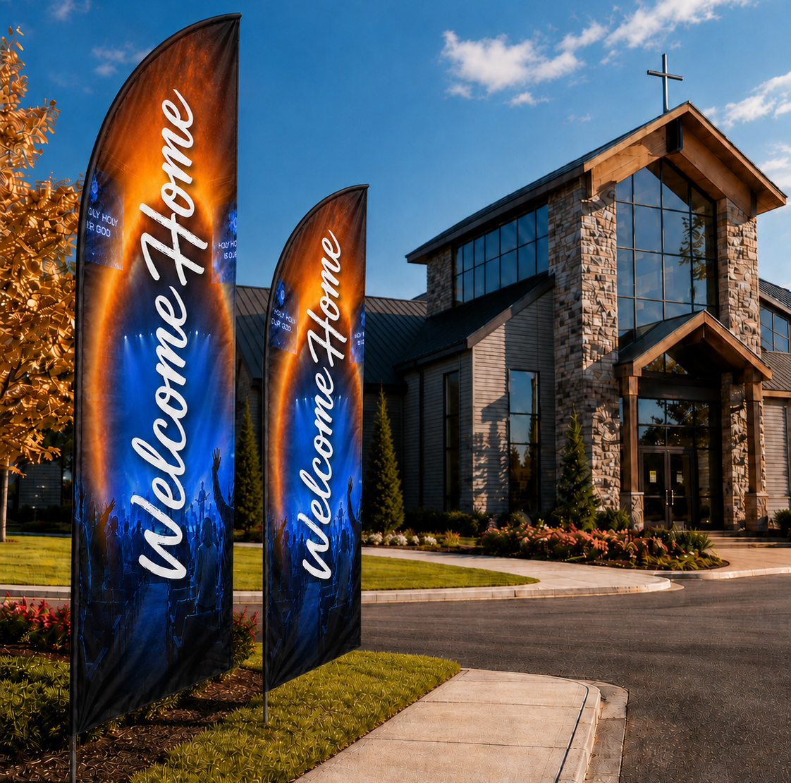 Welcome Home Celebration Church Flag | Eye-Catching 14' Outdoor Swooper Flag for Visitor Outreach - Church Signs Fast