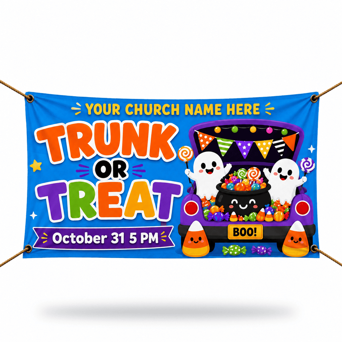 Trunk or Treat Banner – Cute Blue Candy Design for Halloween Events - Church Signs Fast