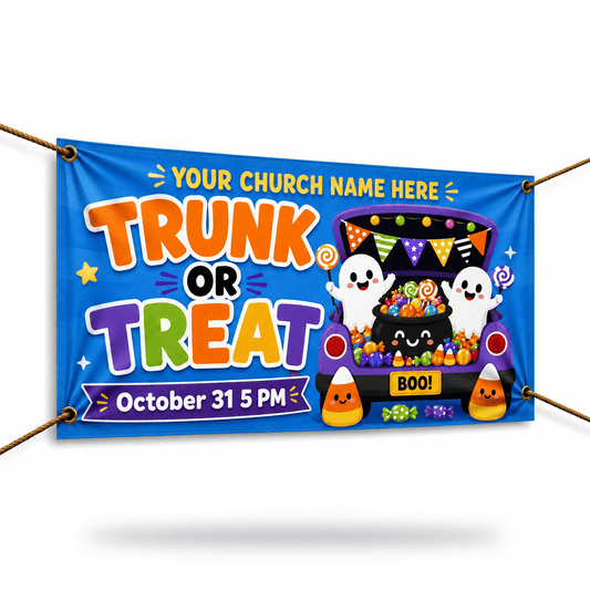 Trunk or Treat Banner – Cute Blue Candy Design for Halloween Events - Church Signs Fast