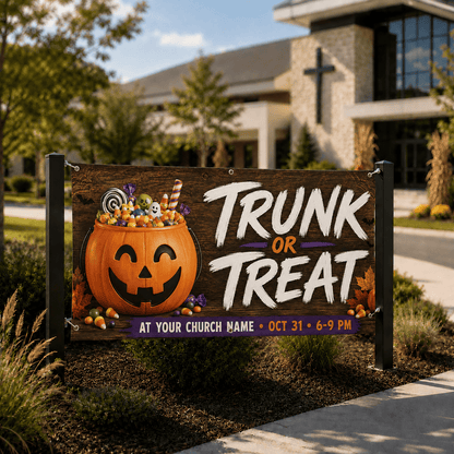 Customizable Trunk or Treat Fall Banner for Your Church - Perfect for Halloween Events - Church Signs Fast