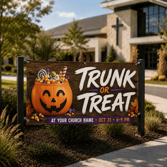 Customizable Trunk or Treat Fall Banner for Your Church - Perfect for Halloween Events - Church Signs Fast