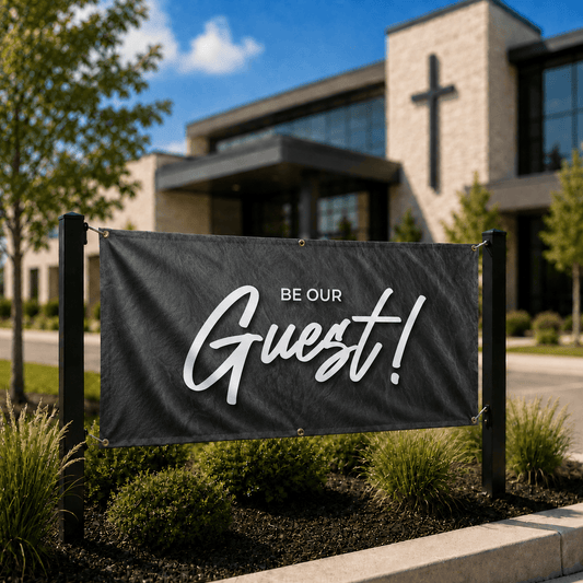 Be Our Guest! Church Welcome Banner | Outdoor Vinyl Banner for Sunday Visitor Outreach - Church Signs Fast