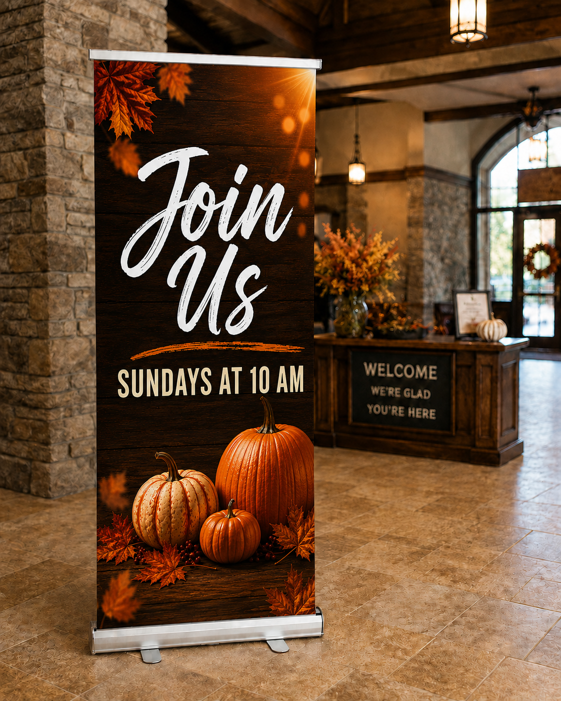 Retractable Outdoor Church Sign - Autumn Blessings Pop-Up Banner for Fall Outreach - Church Signs Fast