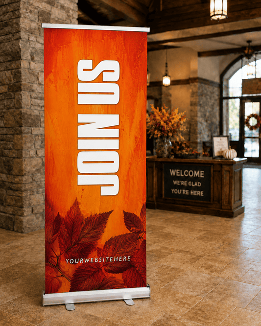 Personalized Fall Pop Up Banner – Custom Church Display with Red Leaves Design - Church Signs Fast