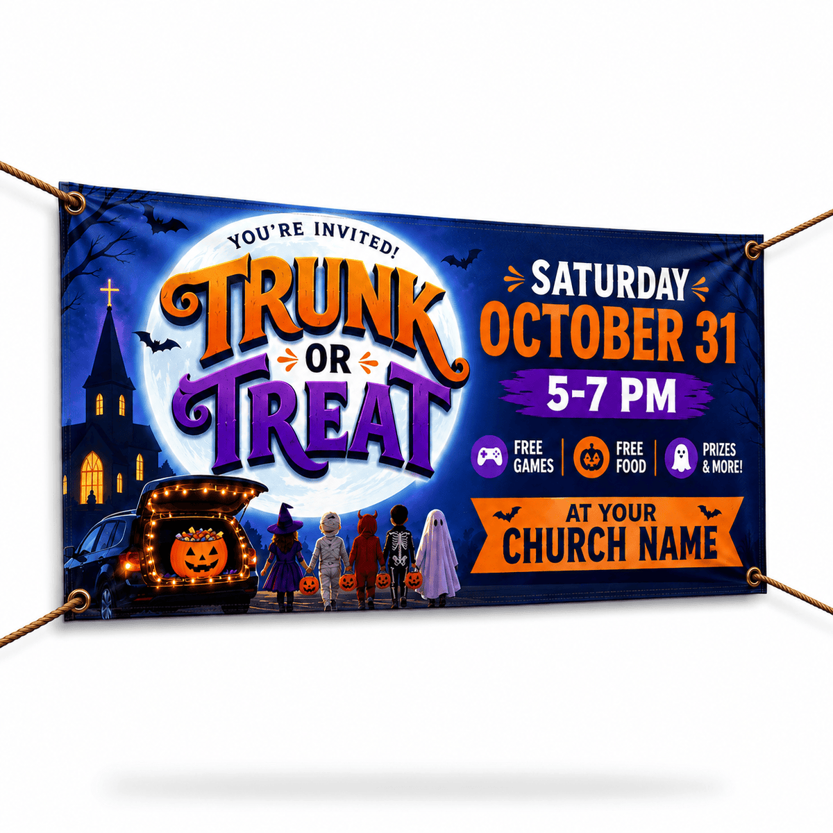Trunk or Treat Banner – Durable Outdoor Vinyl Sign for Church & Community Events - Church Signs Fast