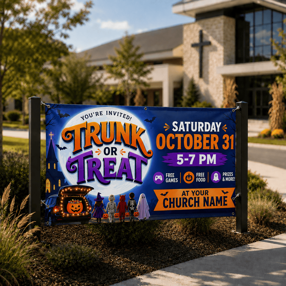 Trunk or Treat Banner – Durable Outdoor Vinyl Sign for Church & Community Events - Church Signs Fast