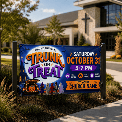 Trunk or Treat Banner – Durable Outdoor Vinyl Sign for Church & Community Events - Church Signs Fast