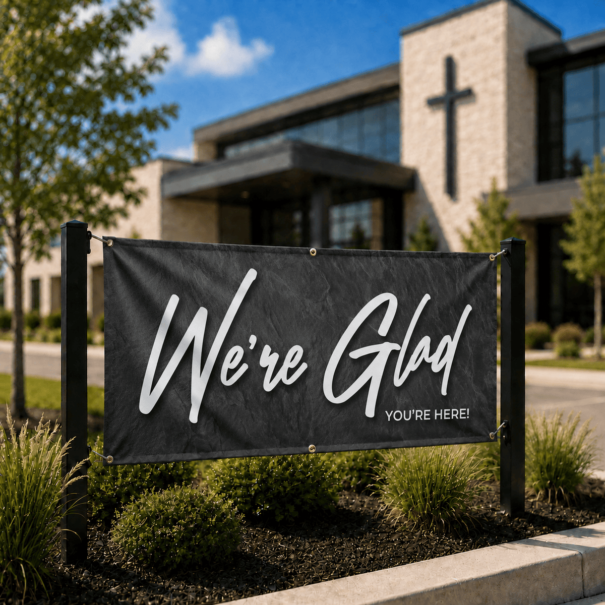 We're Glad You're Here Church Banner | Outdoor Vinyl Welcome Banner for New Visitors - Church Signs Fast