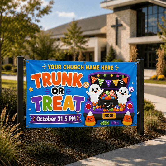 Trunk or Treat Banner – Cute Blue Candy Design for Halloween Events - Church Signs Fast