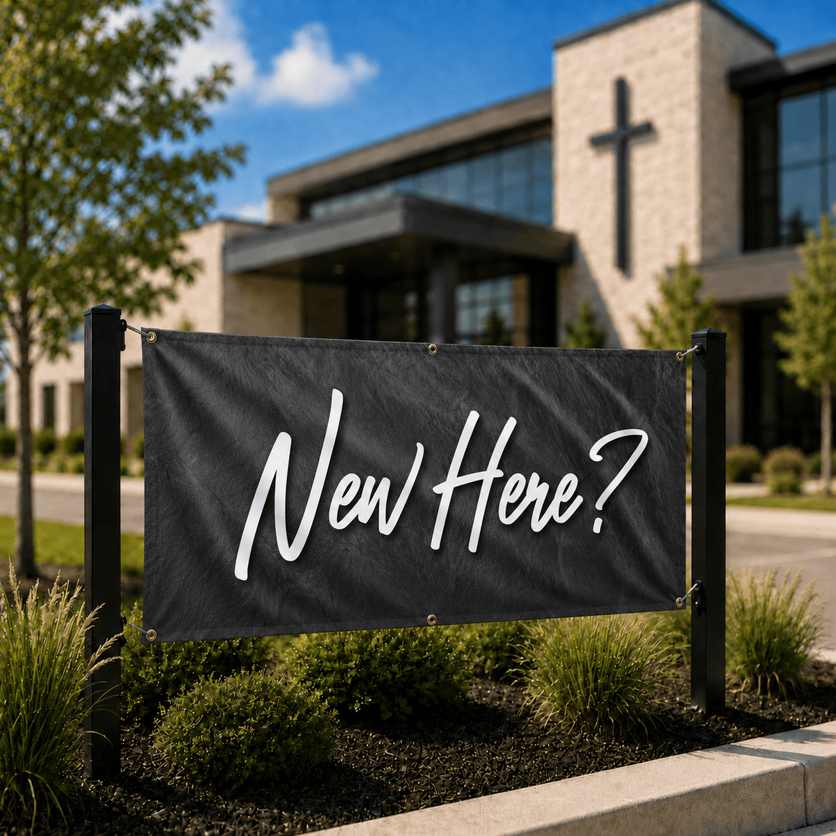 New Here? Church Welcome Banner | Outdoor Vinyl Banner for First-Time Visitors - Church Signs Fast