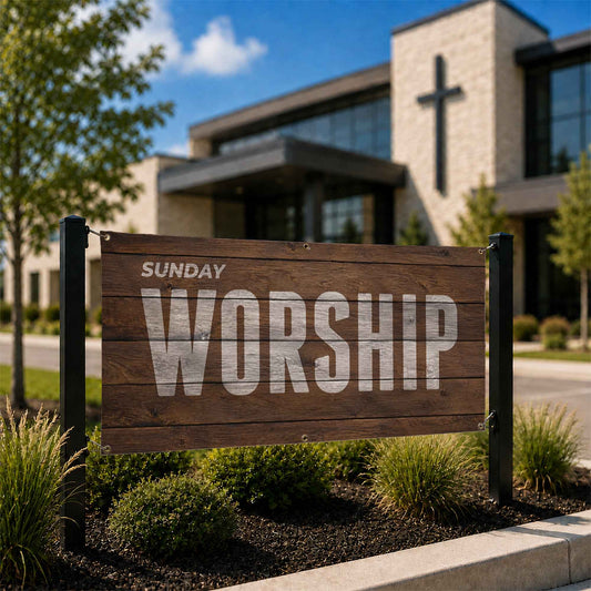 Transform Your Worship Space with the Sunday Worship Hardwood Banner
