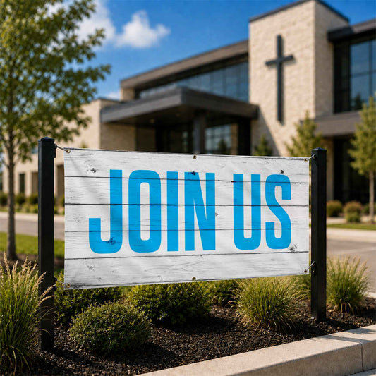 Cheerful Shiplap Join Us Banner: Elevate Your Church's Welcome Experience