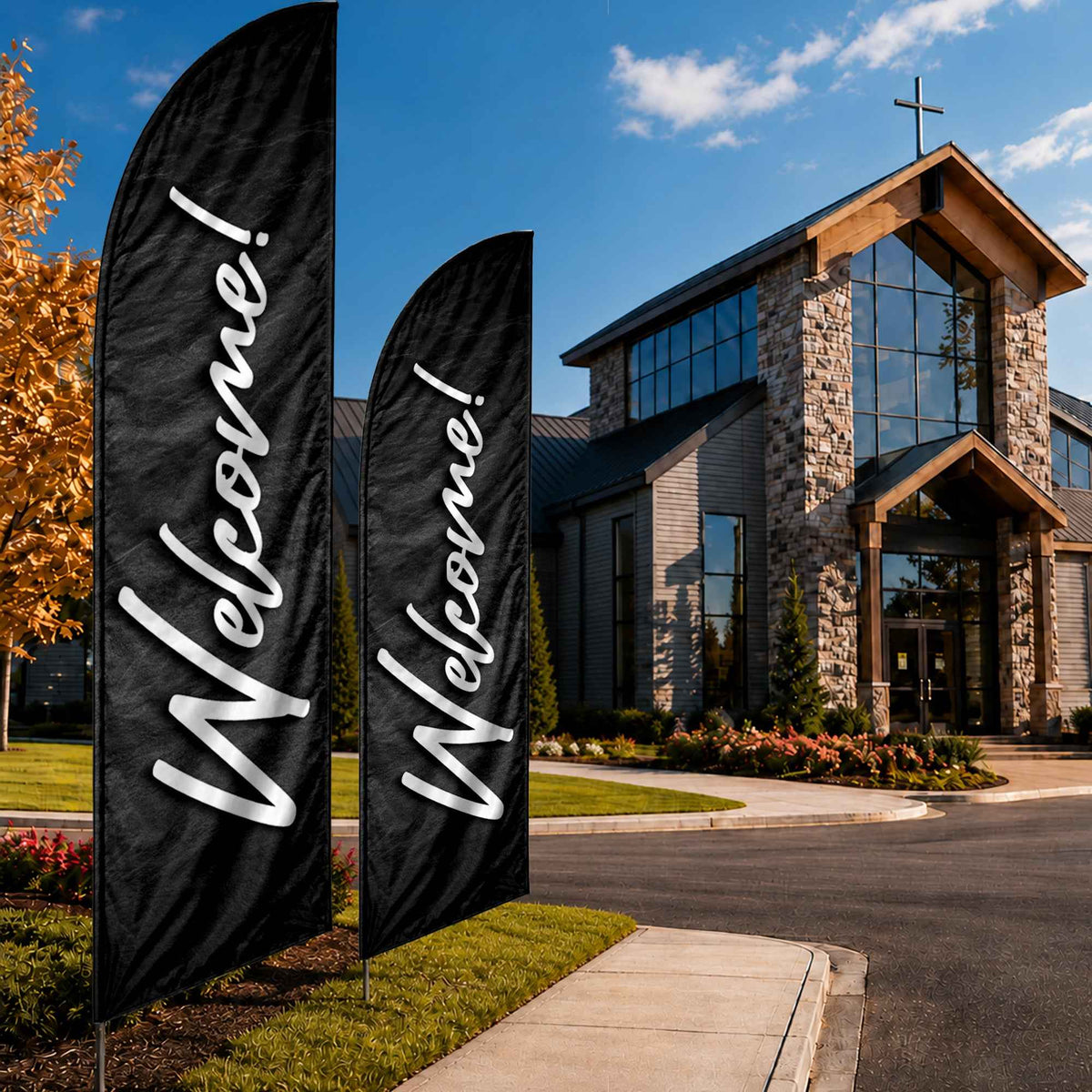 Welcome Church Feather Flag | 14' Outdoor Swooper Flag for Church Entrance - Church Signs Fast