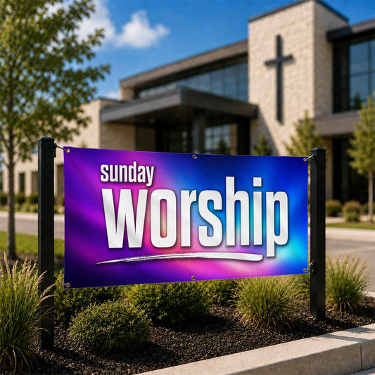 Custom Aurora Vinyl Church Welcome Banner Weather Resistant - Church Signs Fast