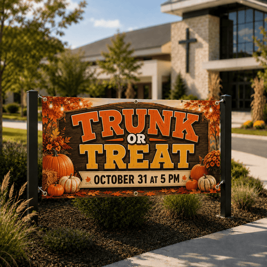 Fall Trunk or Treat Church Banner - A Haunting We Will Go - Church Signs Fast