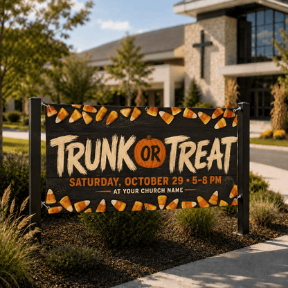 Fall Festival Banner: Custom Trunk or Treat Design for Churches - Pumpkins & Candy - Church Signs Fast