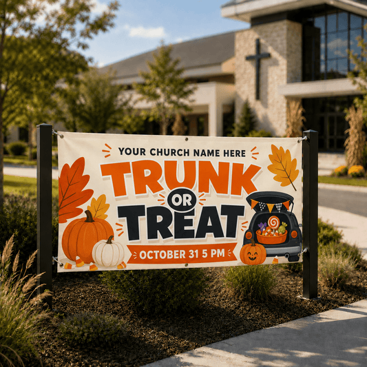 Trunk or Treat Church Banner: Brighten Your Event with Trunks, Treats & Autumn Sweets! - Church Signs Fast